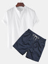 Linen Look Short Sleeve Shirt & Striped Print Swim Shorts.
