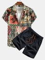Palm Tree Turtle Ethnic Geometry Print Button Up Shirt & Shorts
