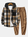 Relax Fit Corduroy Plaid Hooded Shirt & Drawstring Corduroy Cargo Jogger Pants