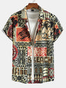 Palm Tree Turtle Ethnic Geometry Print Button Up Shirt & Shorts