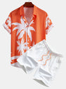 Palm Tree Print Button Up Shirt & Man Mid Length Drawstring Swim Shorts