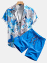 Flower Plants Print Button Up Shirt & Swim Shorts.