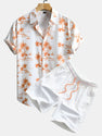 Palm Tree Print Button Up Shirt & Man Mid Length Drawstring Swim Shorts